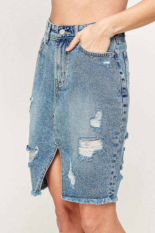 Blue Age Distressed Front Slit Denim Skirt - Studio 653