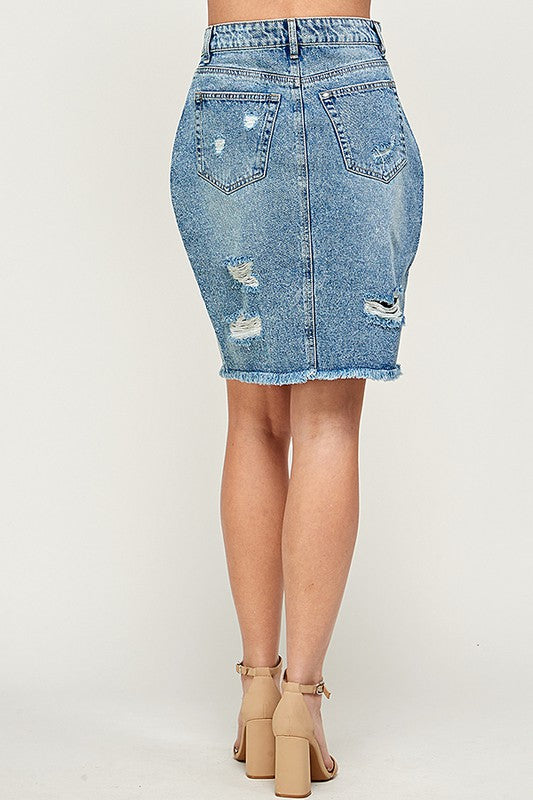 Blue Age Distressed Front Slit Denim Skirt - Studio 653
