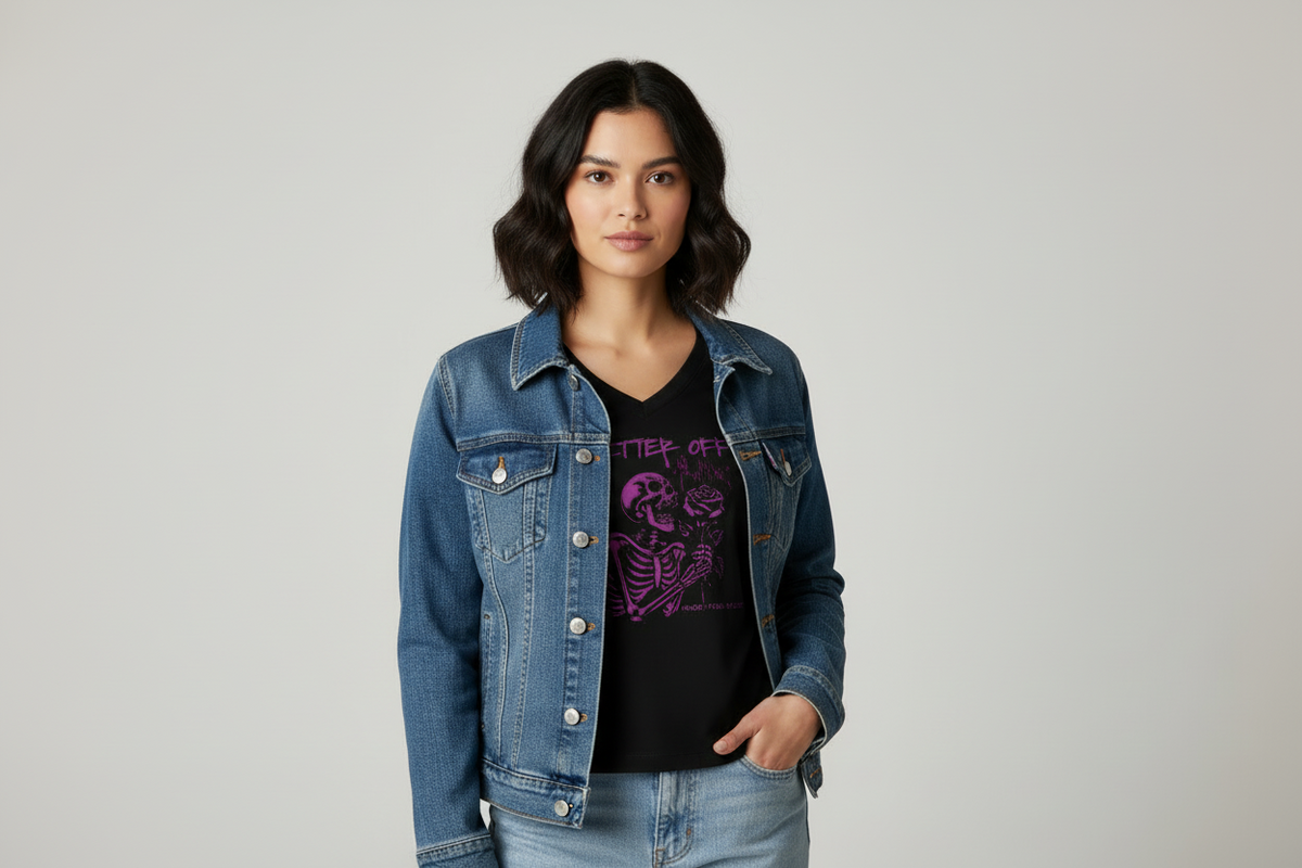 Black t-shirt with purple skeleton and rose graphic on a white background