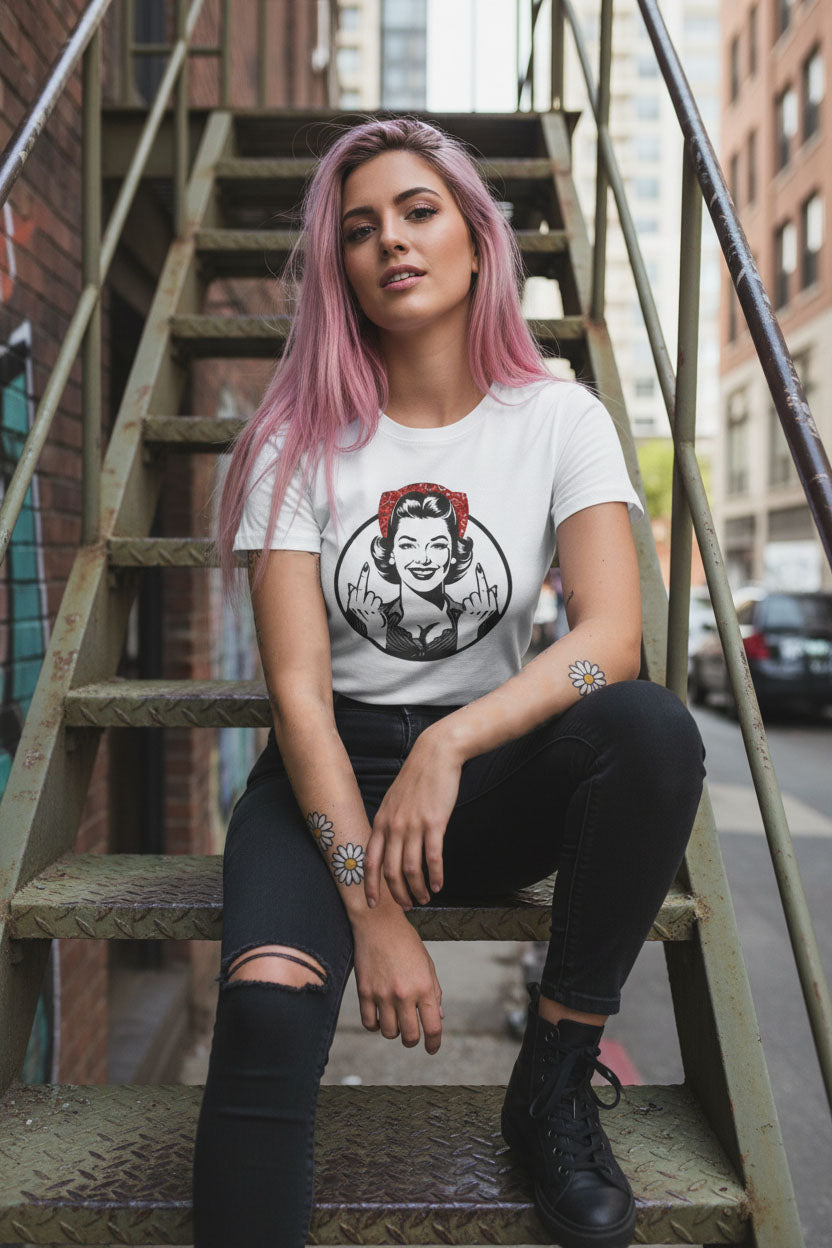 Retro Rosie Middle Finger Women's Tee —Vintage Pin-Up Slim Fit Graphic Shirt