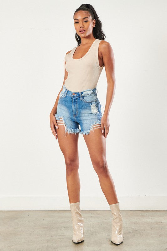 Vibrant M.I.U. Mid-Rise Distressed Denim Short