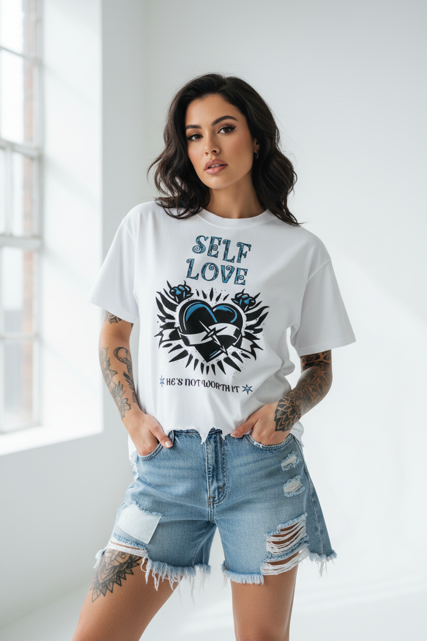 "He's Not Worth It" Vintage Wash Boxy Distressed Hem Graphic Tee