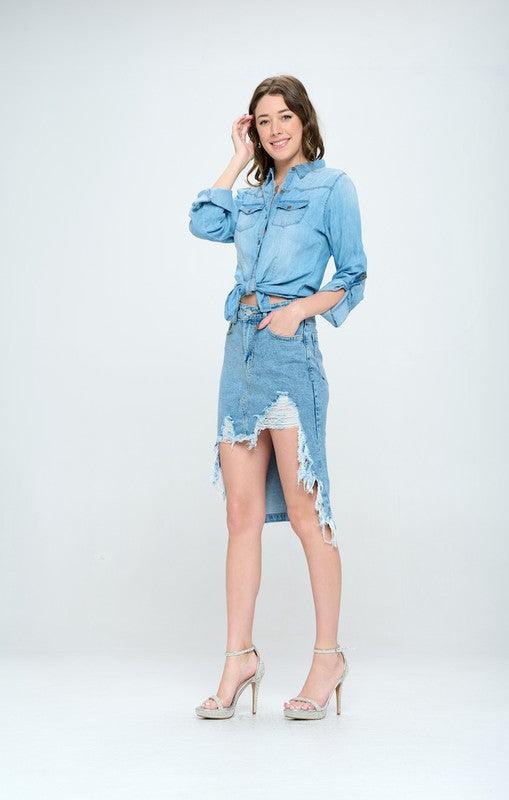 Front Distressed Denim Skirt - Studio 653