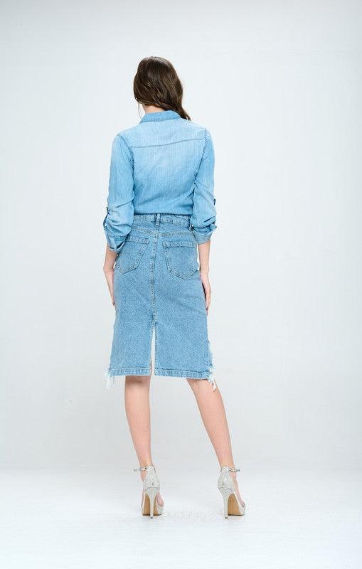 Front Distressed Denim Skirt - Studio 653