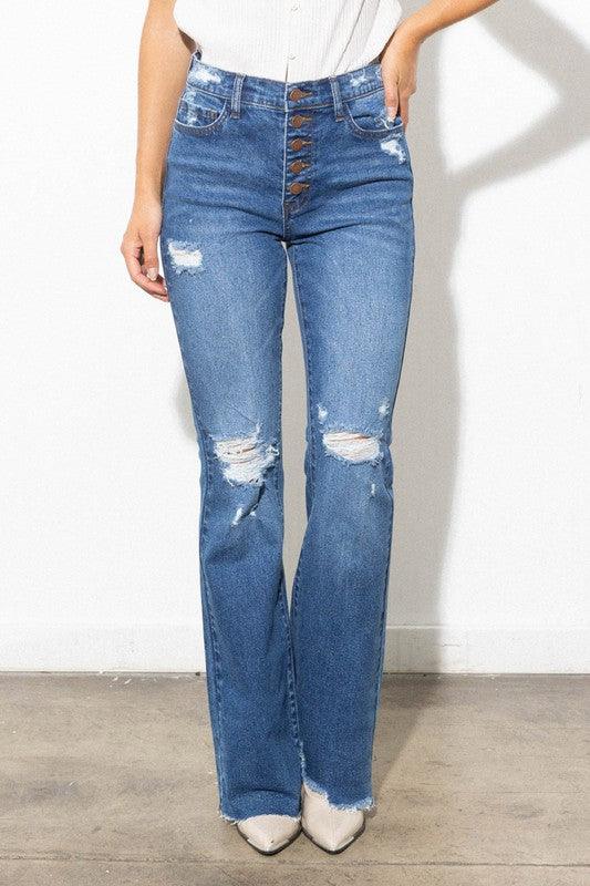 Button Fly High-Waisted Distressed Bootcut Jean - Studio 653