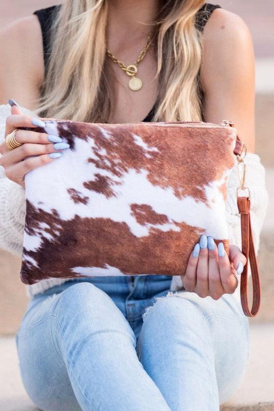 Faux Fur Cow Animal Print Clutch - Studio 653