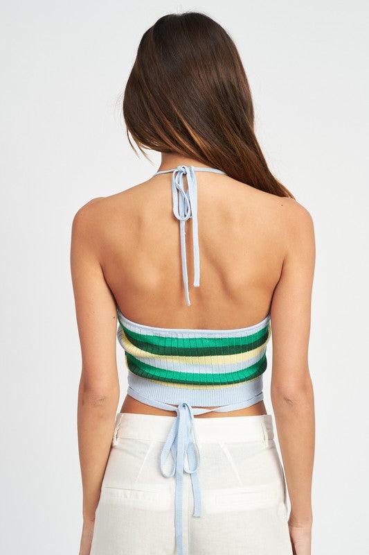 Striped Halter Neck Knit Top - Studio 653