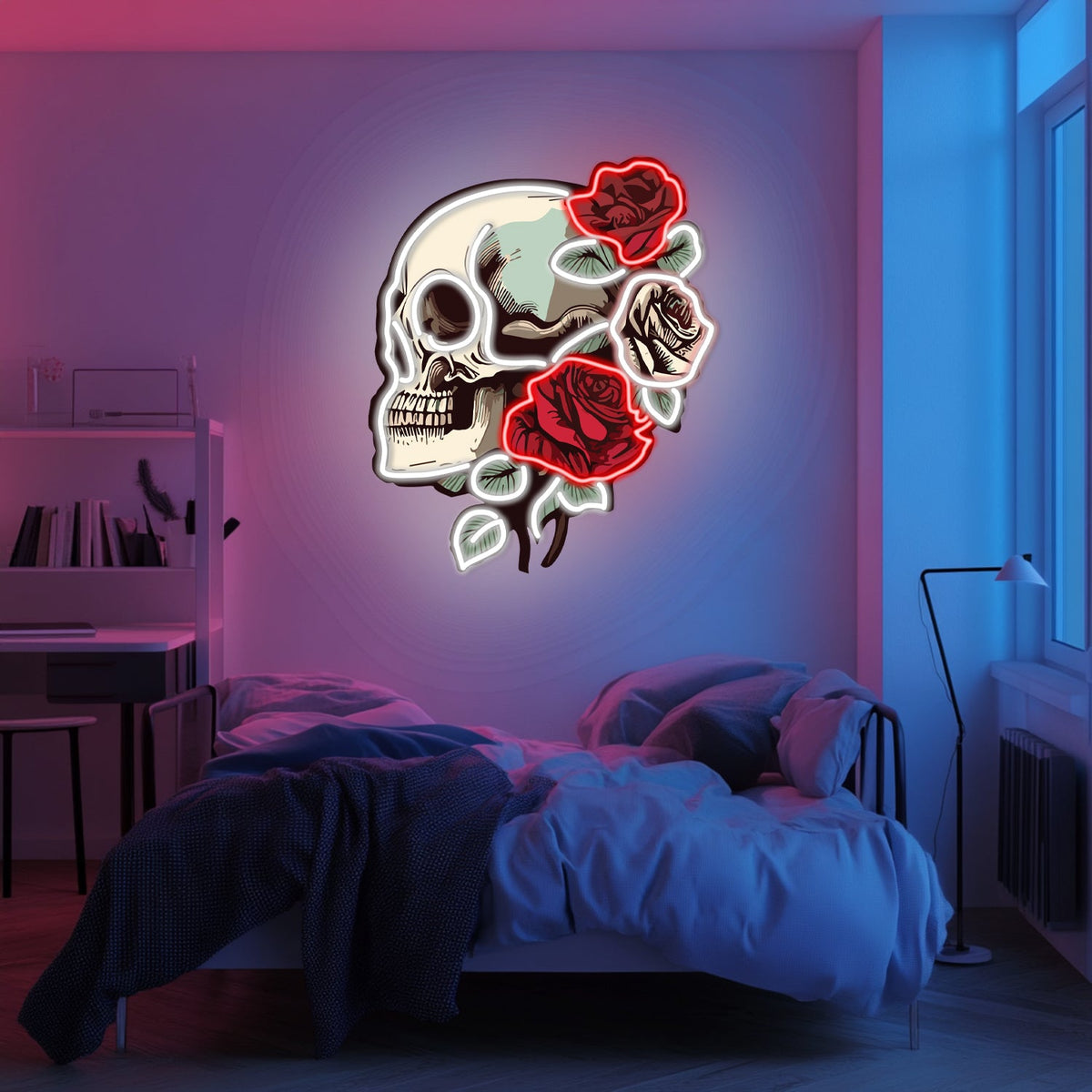 UV Printed Skull Rose Blooms Neon Wall Art Sign