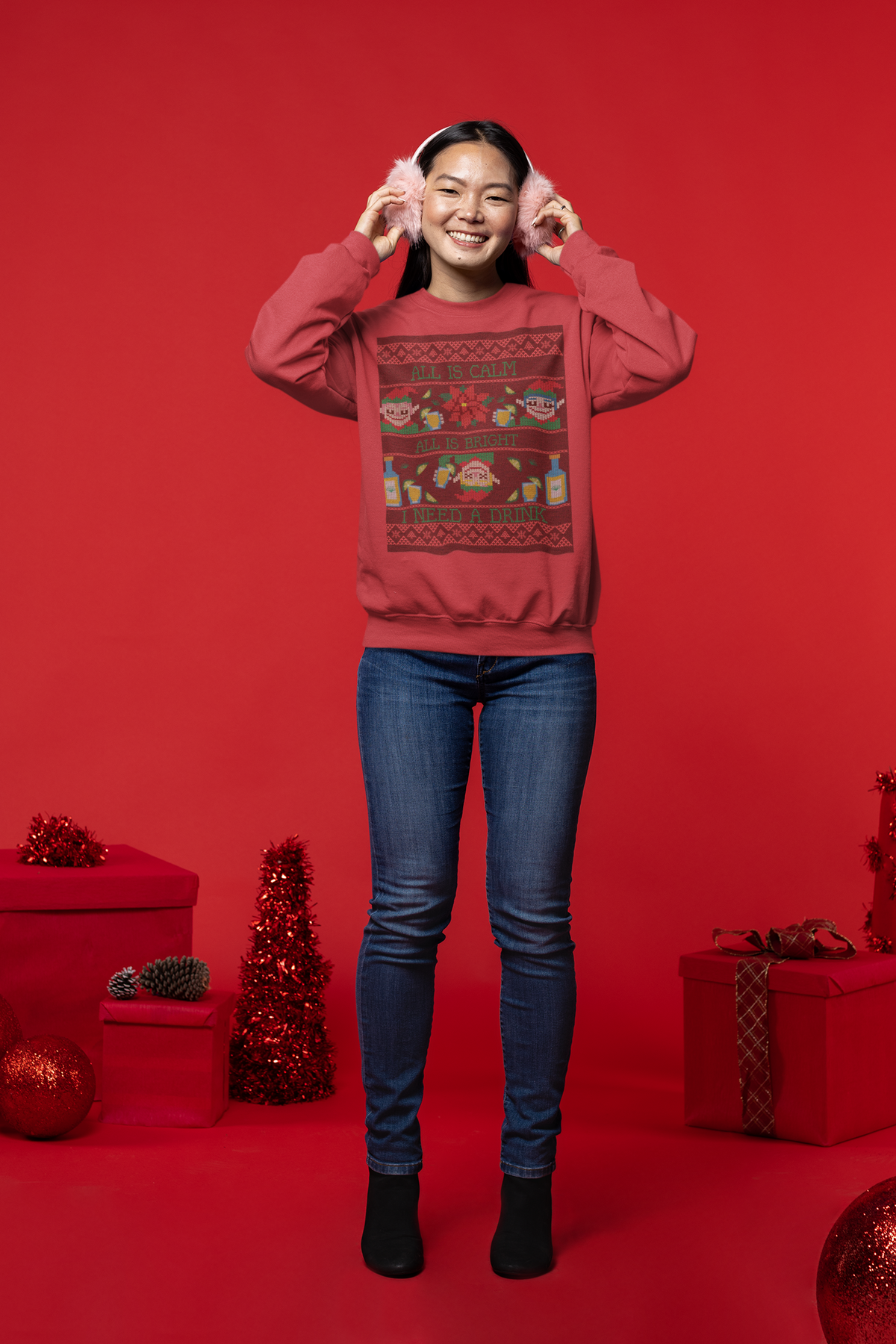 "All Is Calm, All Is Bright, I Need A Drink" Ugly Holiday Crewneck Sweatshirt