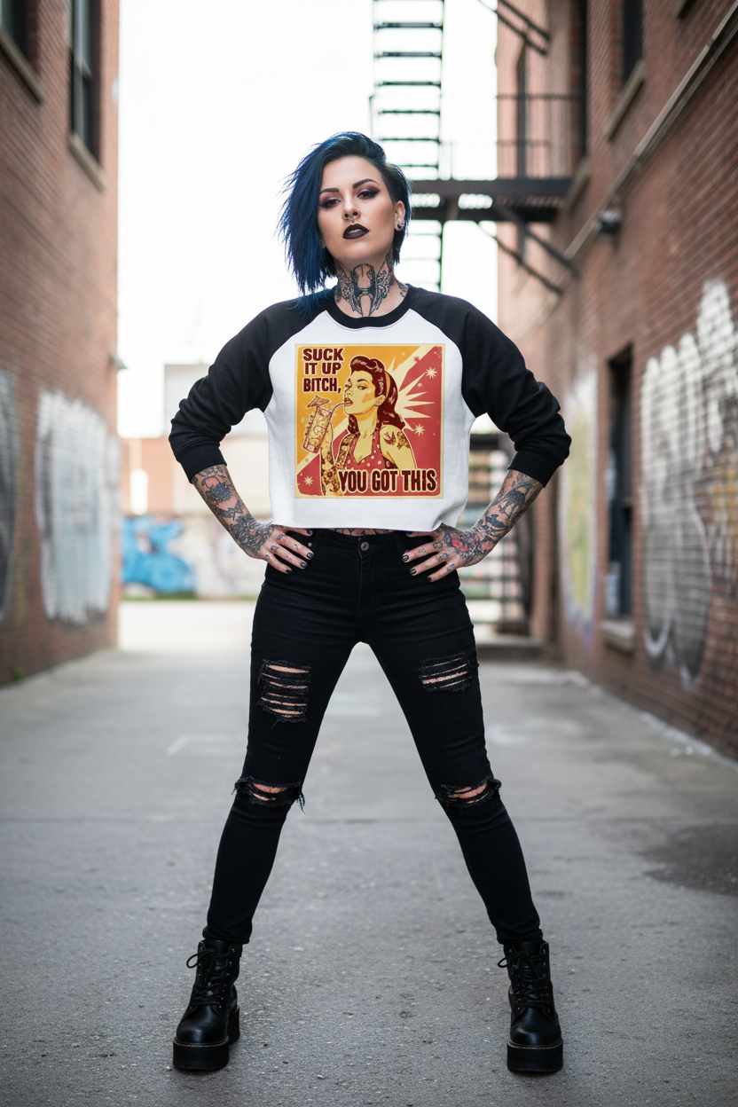 "Suck It Up" Raw-Hem Color-Block Raglan Crop Sweatshirt - Studio 653