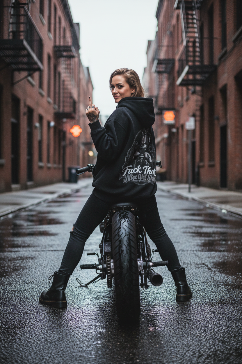 Biker "Fuck That Nice Girl Shit" Black Fleeced Boxy Hoodie