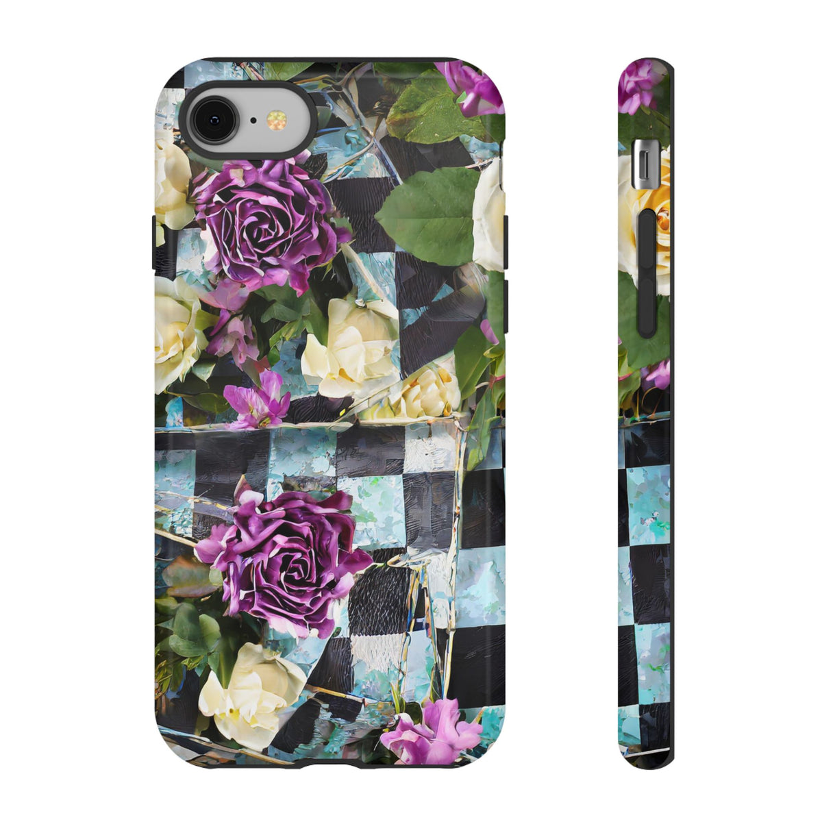 Checkerboard Tough Phone Case - Durable Design with Purple & White Roses