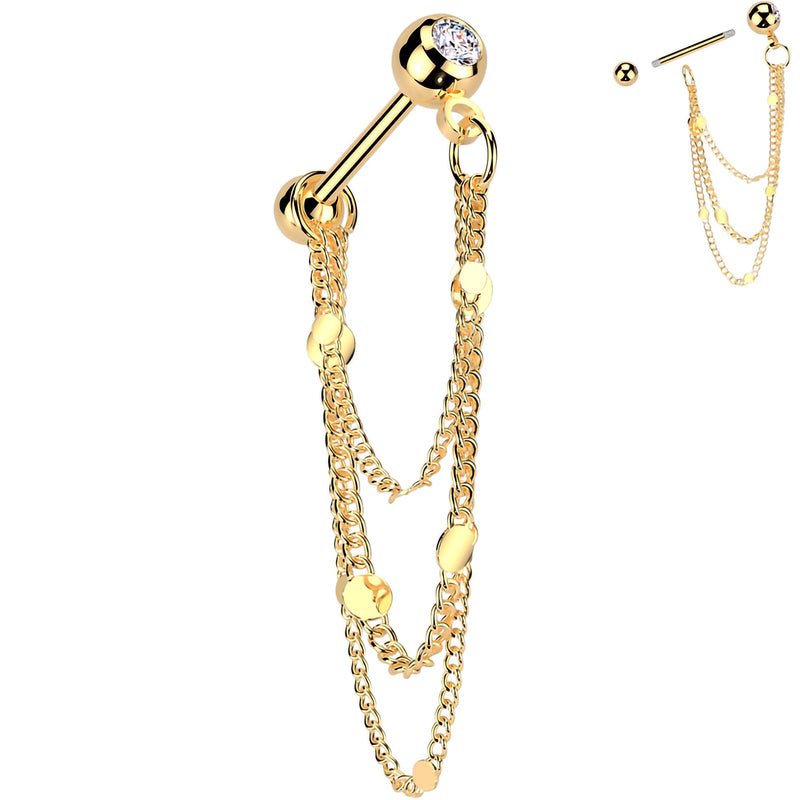 16G 5/16 CZ Gem Stud Triple Chain Cartilage Earring - Studio 653