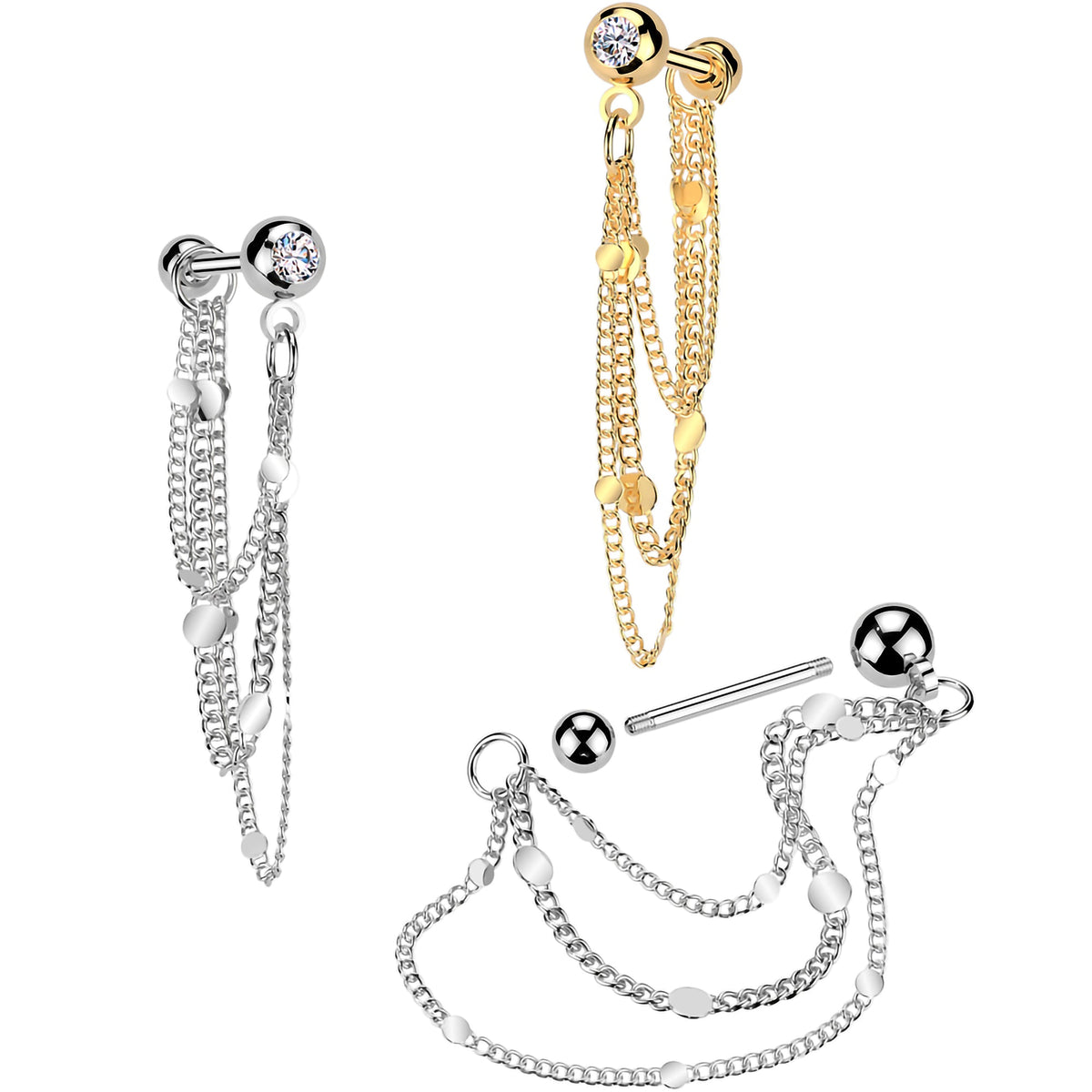 16G 5/16 CZ Gem Stud Triple Chain Cartilage Earring - Studio 653