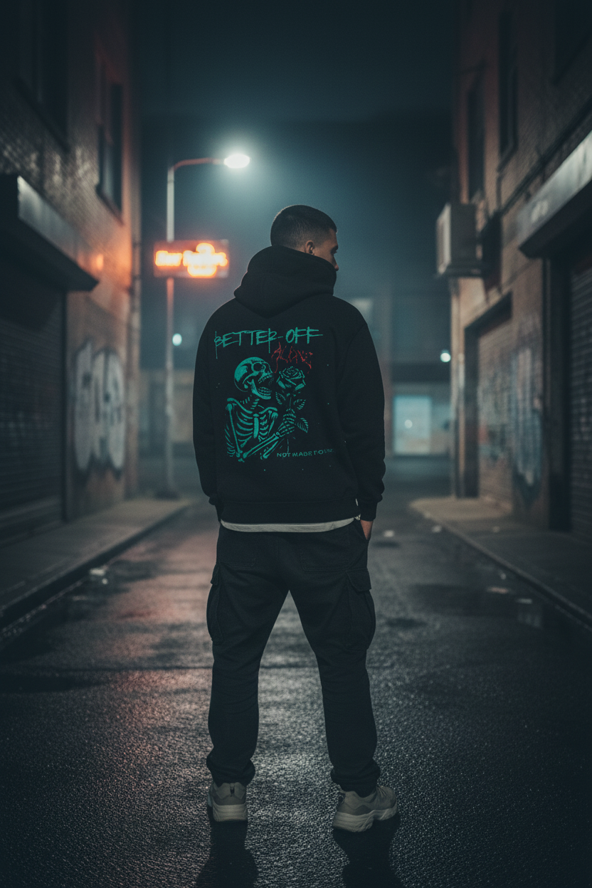 Black hoodie with skeleton design and text on the back against a white background