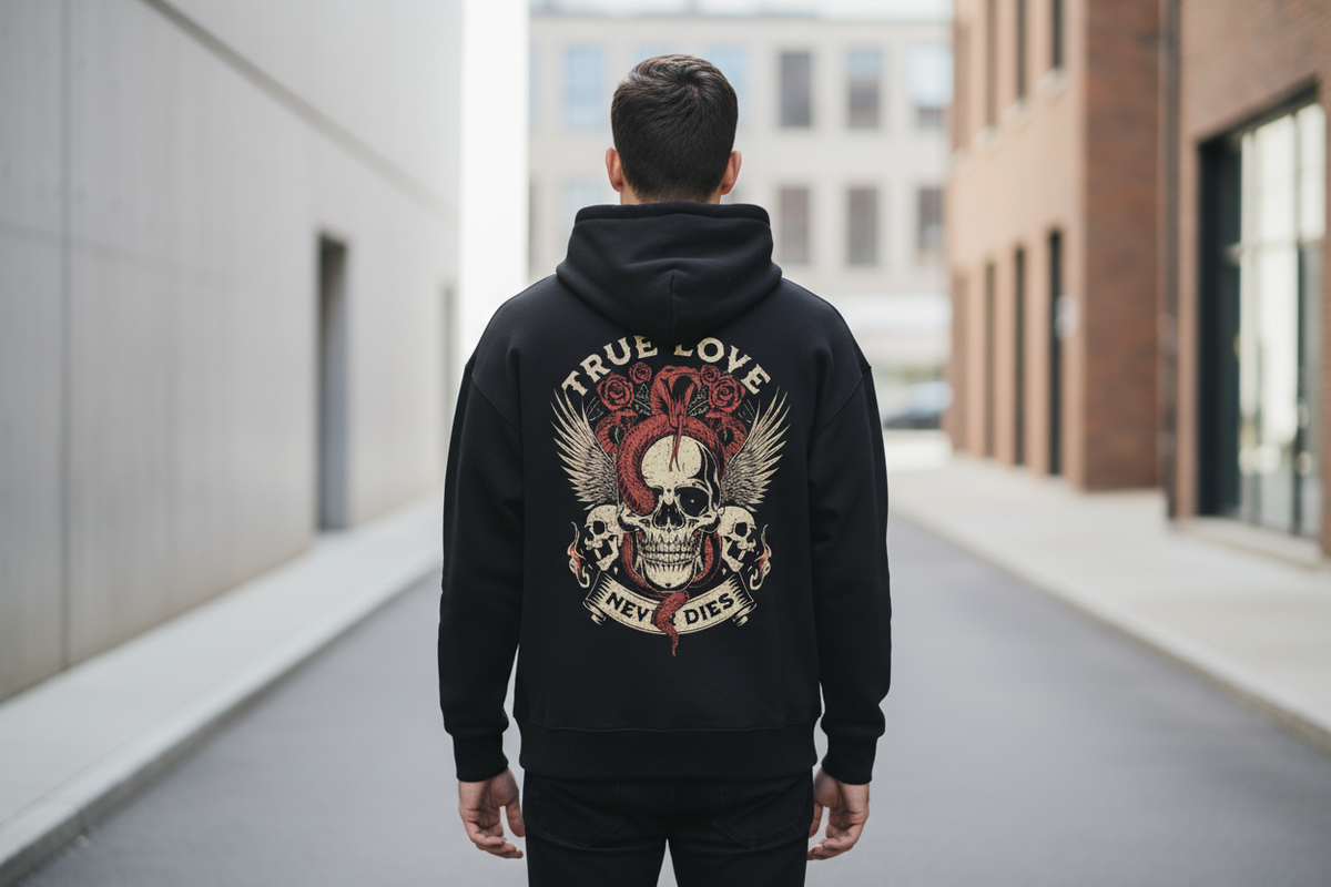 "True Love Never Dies" Red Lined Drawstring Hoodie