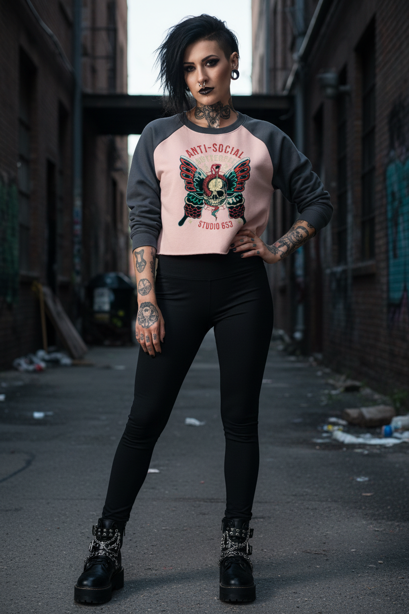 Person wearing a pink and gray sweatshirt with a butterfly design in an alleyway.