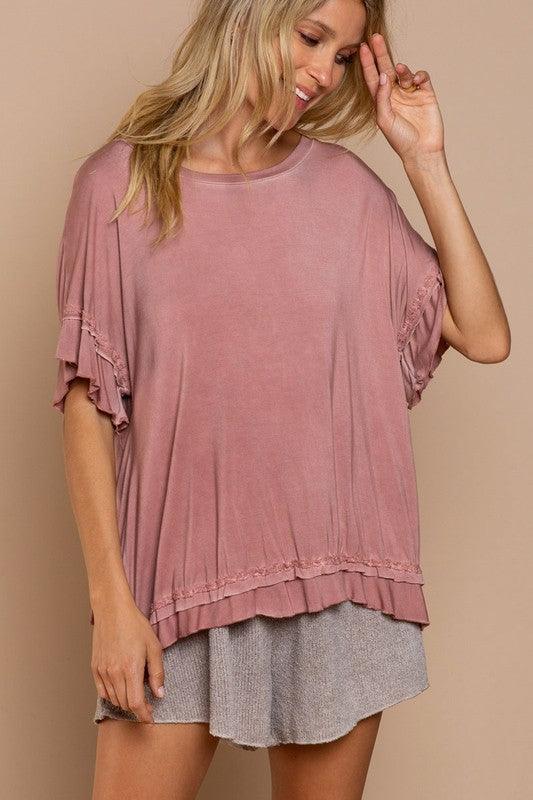 Peek-a-boo Ruffle Overlay Knit Top - Studio 653