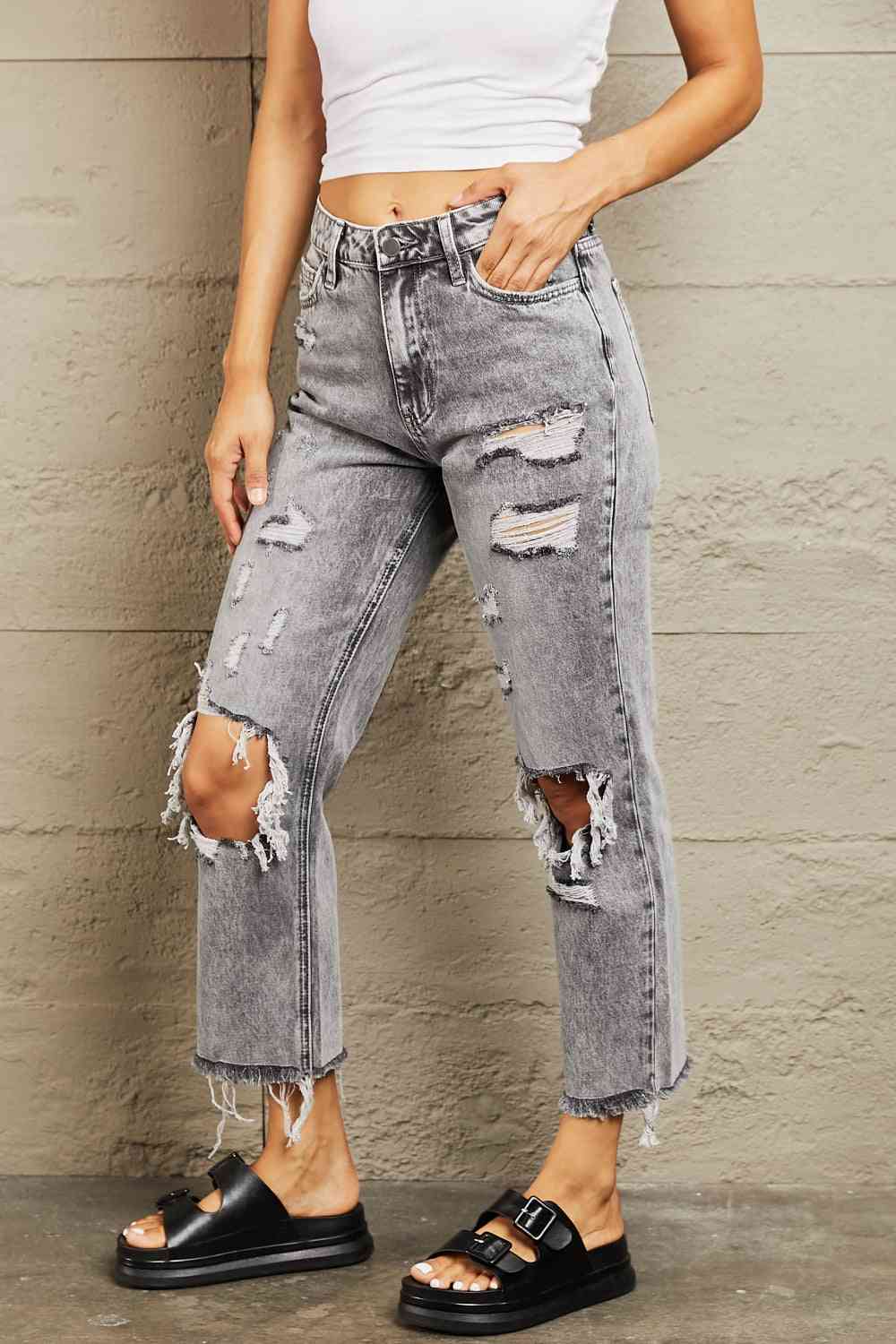 Bayeas High-Waist Acid Wash Distressed Straight Jeans
