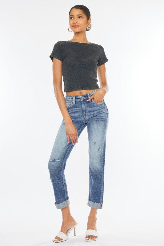 High-Rise Cuffed Slim Straight Jeans - Studio 653