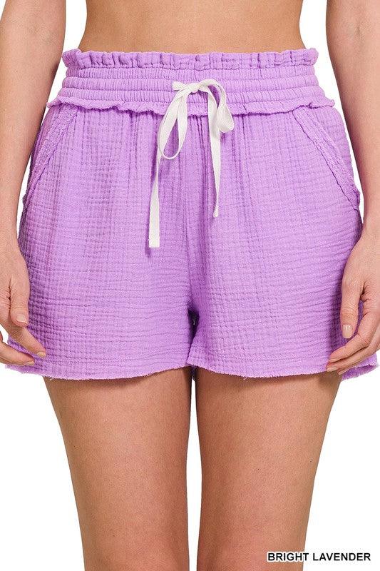 Double Gauze Elastic Band Drawstring Waist Shorts - Studio 653