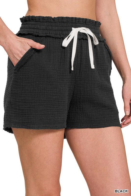 Double Gauze Elastic Band Drawstring Waist Shorts - Studio 653