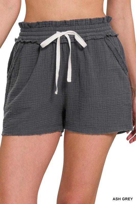 Double Gauze Elastic Band Drawstring Waist Shorts - Studio 653