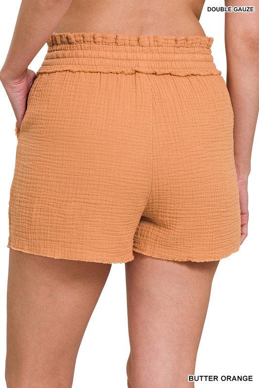 Double Gauze Elastic Band Drawstring Waist Shorts - Studio 653