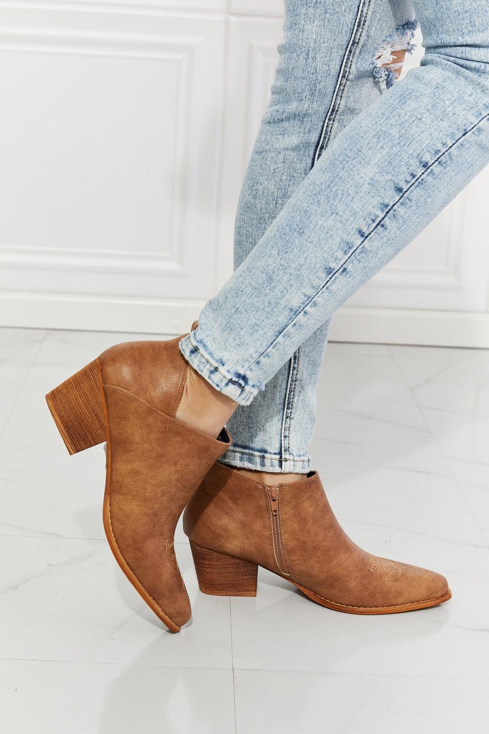 Trust Yourself Embroidered Crossover Cowboy Bootie in Caramel - Studio 653