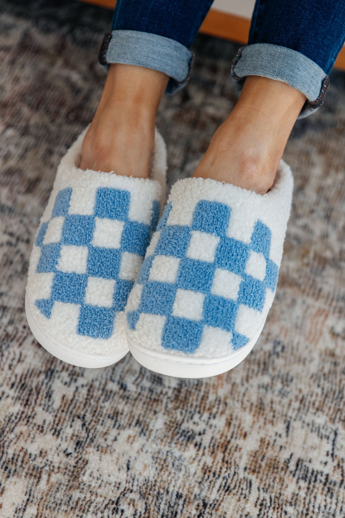 Checked Out Slippers in Blue & White