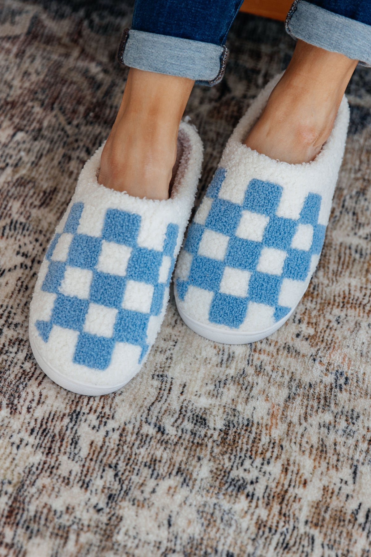 Checked Out Slippers in Blue & White