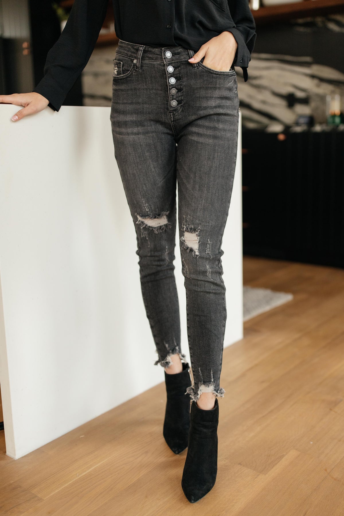 Gray Days Button Rise Jeans - Studio 653