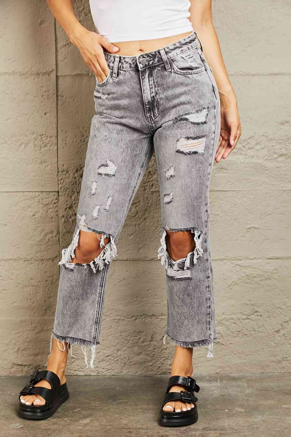 Bayeas High-Waist Acid Wash Distressed Straight Jeans