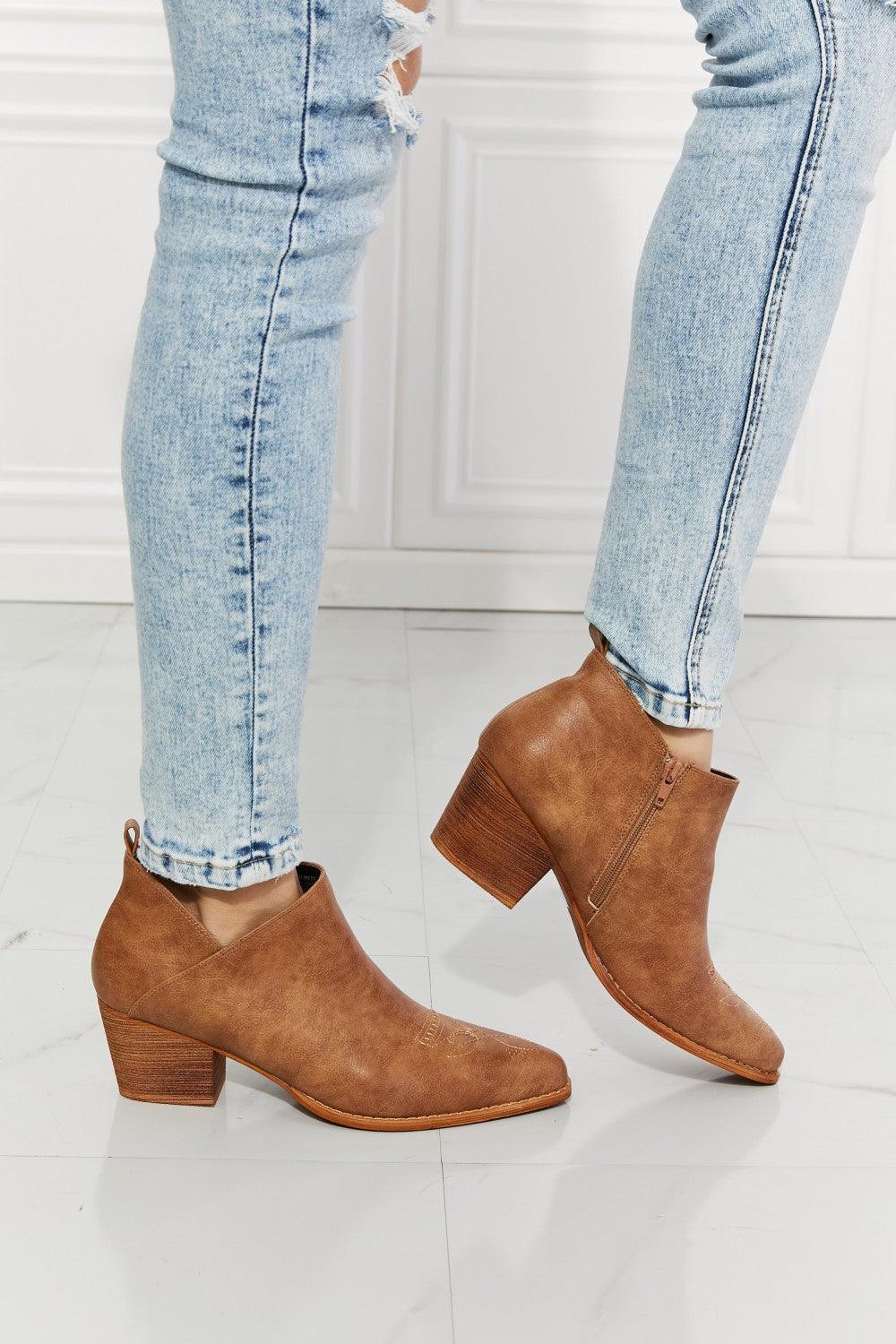 Trust Yourself Embroidered Crossover Cowboy Bootie in Caramel - Studio 653